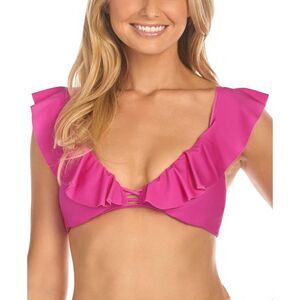 Raisins Womens Seychellel Pink Ruffled Lace-Up Swim Top Separates Juniors